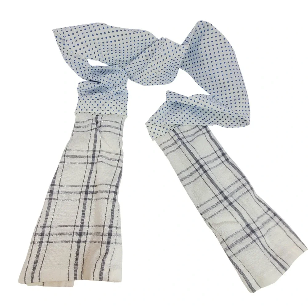 Handmade Kitchen Boa Towel Scarf Blue Polka Dot Gray Plaid Terry Cloth 65 Inch